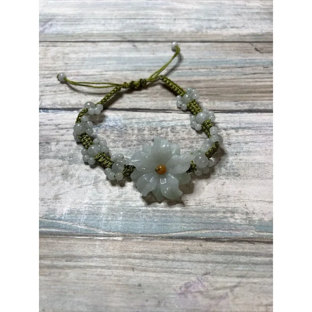 Jade Jadeite Flower Slide Bracelet Beads Cord Adjustable white yellow Green NWOT